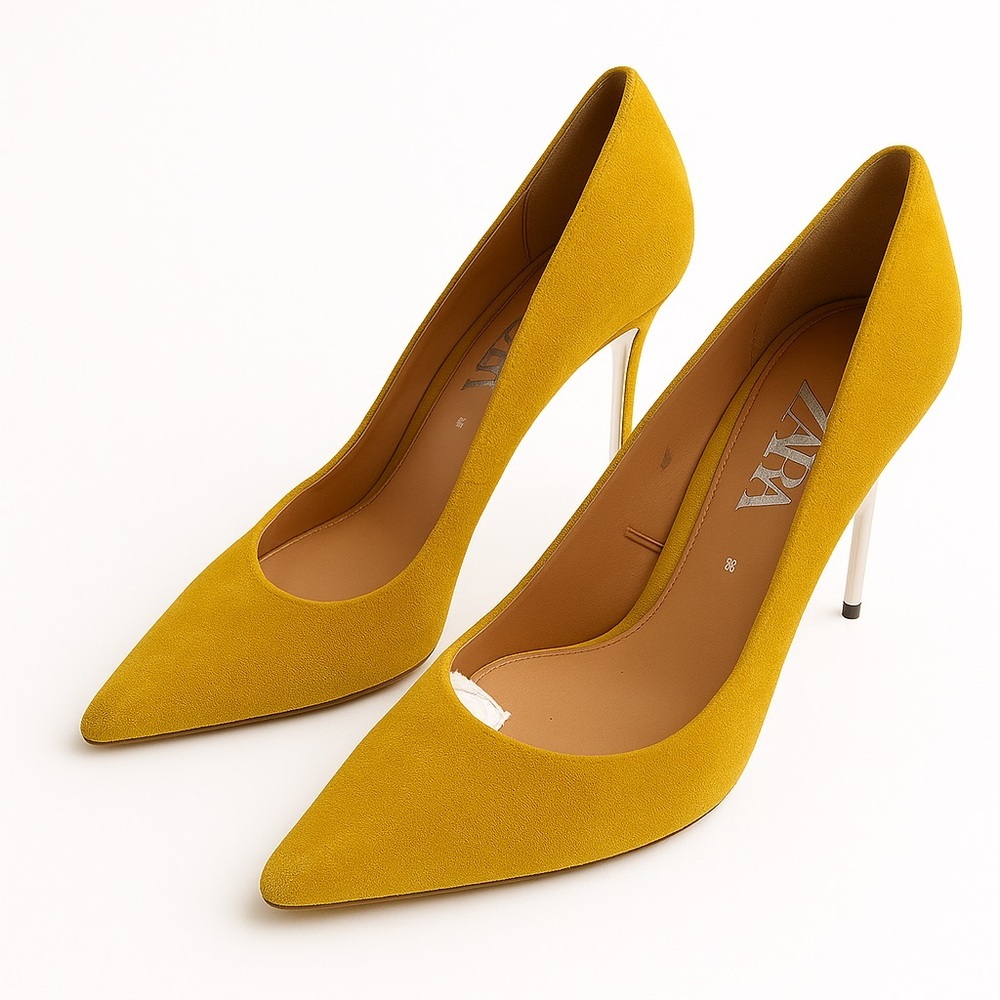 Zara Bold Mustard Faux Suede Stilettos Heels | Metallic Heel | 38